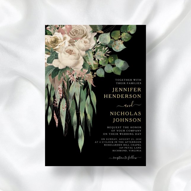 Elegant Black Gold Floral Wedding  Foil Invitation (Creator Uploaded)