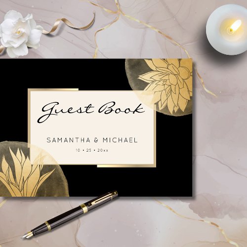 Elegant Black Gold Floral Wedding  Guest Book