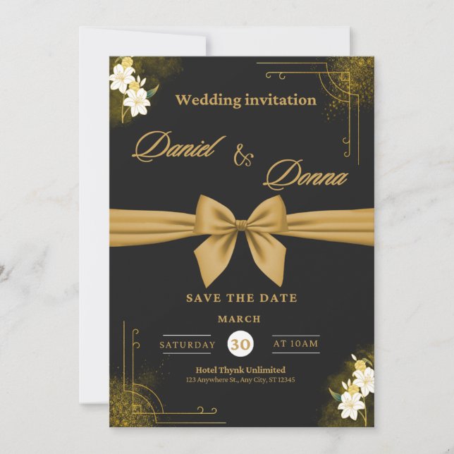 Elegant Black & Gold Floral Wedding Invitation (Front)