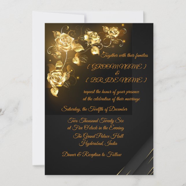 Elegant Black & Gold Floral Wedding Invitation (Front)