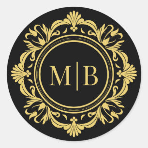 Elegant Black Gold Floral Wedding Monogram Classic Round Sticker