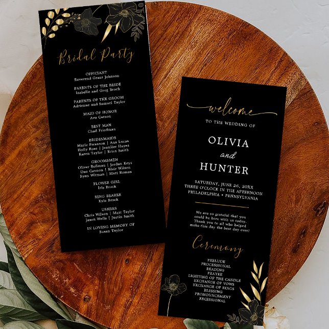 Elegant Black & Gold Floral Wedding Party Program (Creator Uploaded)