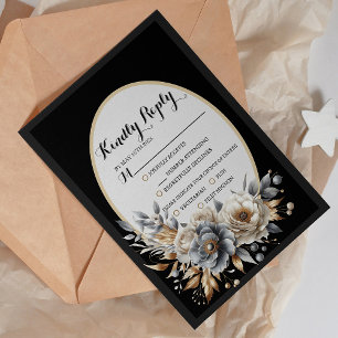 Elegant Black Gold Floral Wedding RSVP Card