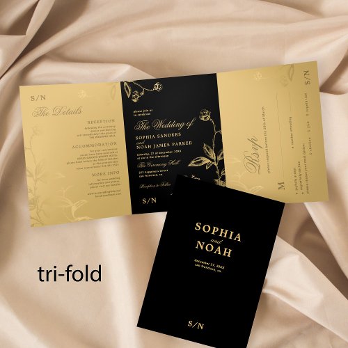 Elegant black gold floral wedding RSVP details Tri_Fold Invitation
