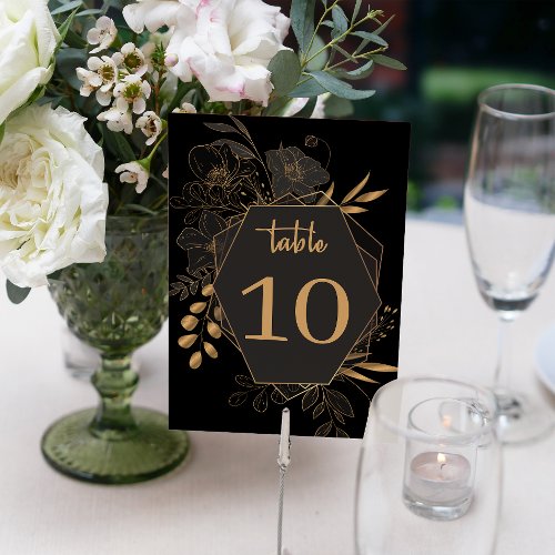 Elegant Black  Gold Floral Wedding  Table Number