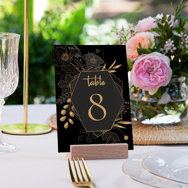 Elegant Black & Gold Floral Wedding  Table Number (Elegant Black & Gold Floral Wedding Table card)