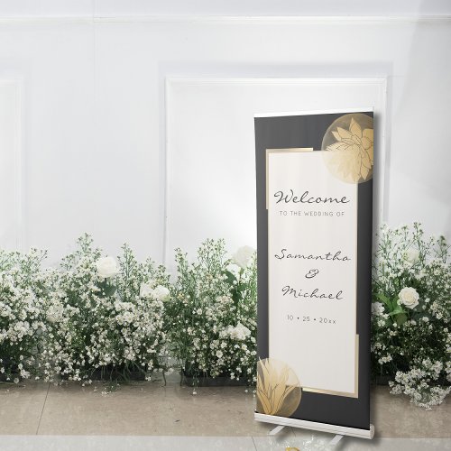 Elegant Black Gold Floral Wedding Welcome Retractable Banner