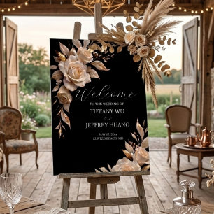 Elegant Black & Gold Floral Welcome Wedding Sign