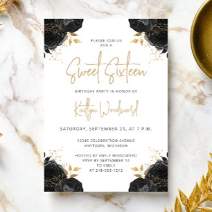 Elegant Black Gold Floral White Sweet 16 Party Invitation