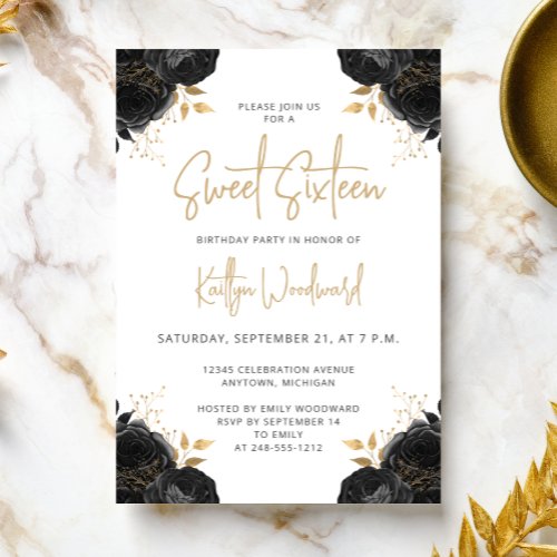 Elegant Black Gold Floral White Sweet 16 Party Invitation