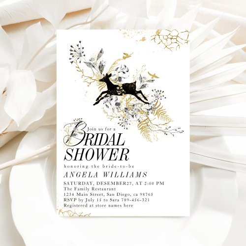 Elegant Black  Gold Floral Winter Bridal Shower Invitation