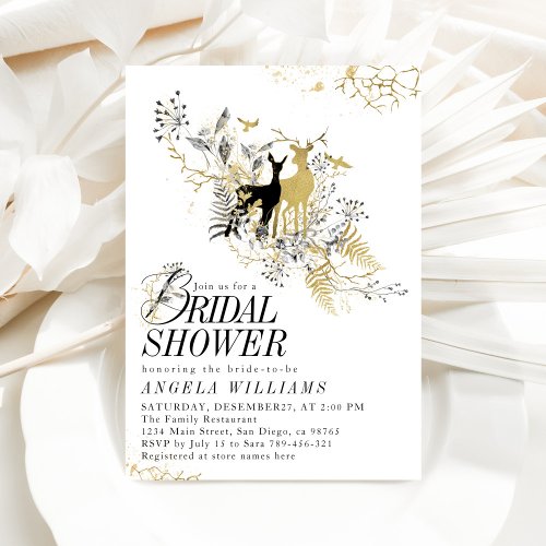 Elegant Black  Gold Floral Winter Bridal Shower Invitation