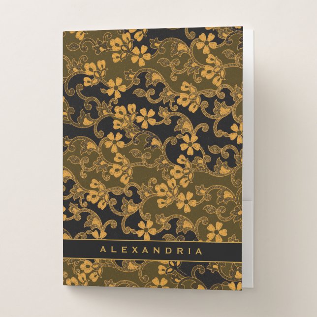 Elegant Black & Gold Flourish with Custom Name Pocket Folder (Front)