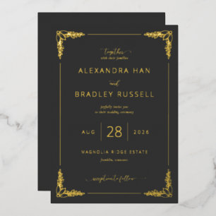 Elegant Black Gold Flourishes Foil Invitation