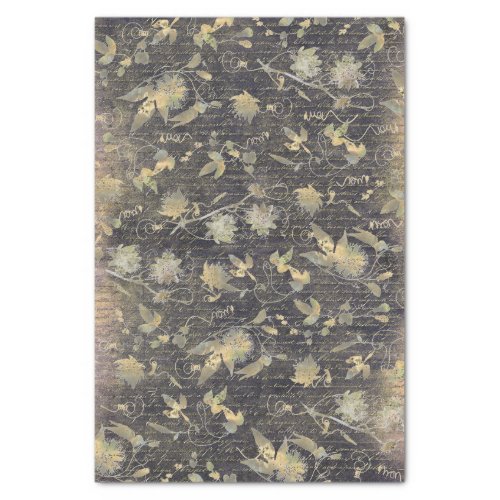 Elegant Black Gold Flowers Vine Handwriting  Tissue Paper