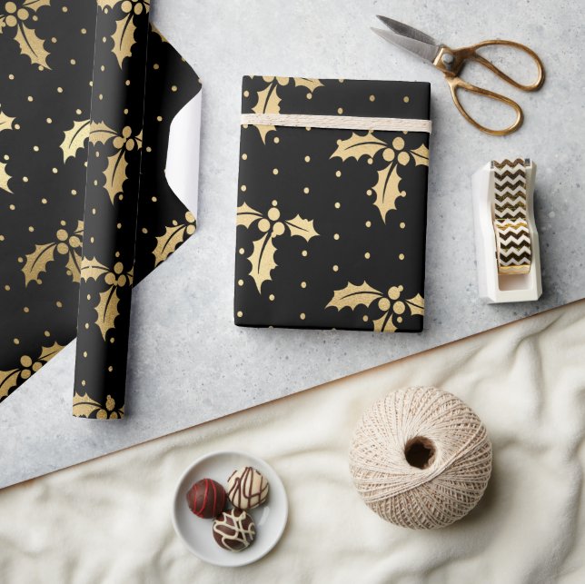 Elegant Black & Gold Foil Christmas Holly Pattern Wrapping Paper (Crafts)