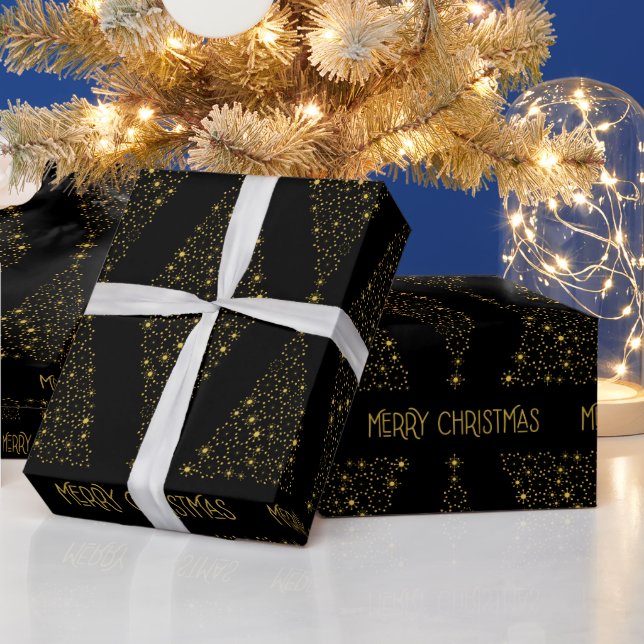 Elegant Black Gold Foil Christmas Pine Tree Wrapping Paper (Holidays)