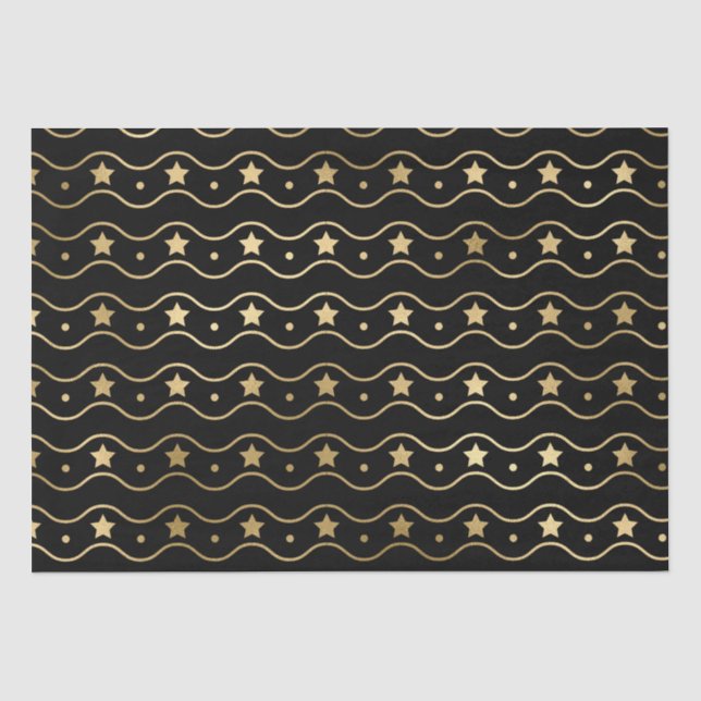 Elegant Black & Gold Foil Christmas Stars & Waves Tissue Paper (Front)