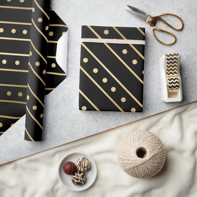 Elegant Black & Gold Foil Christmas Stripes & Dots Wrapping Paper (Crafts)