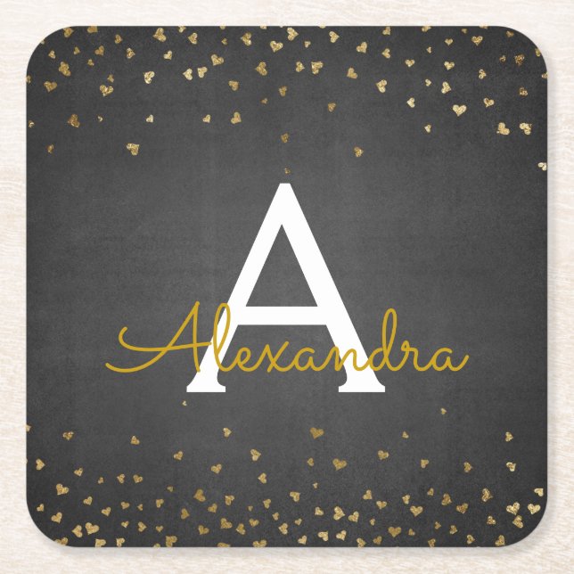 Elegant Black - Gold Foil Confetti Monogram Square Paper Coaster (Front)