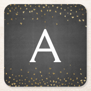 Elegant Black - Gold Foil Confetti Monogram Square Paper Coaster