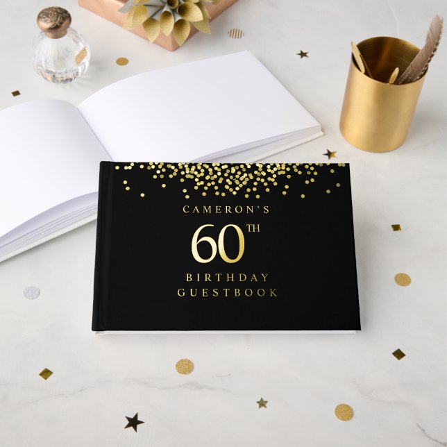 Elegant black gold foil Custom 60th birthday  Foil Guest Book (Front Open)