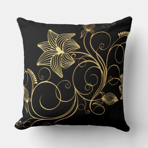 Elegant Black Gold Foil Floral Name Throw Pillow