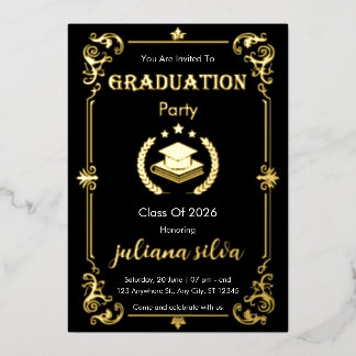 Elegant Black & Gold Foil Graduation Invitation