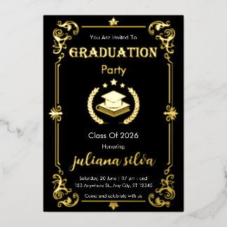 Elegant Black & Gold Foil Graduation Invitation Foil Invitation
