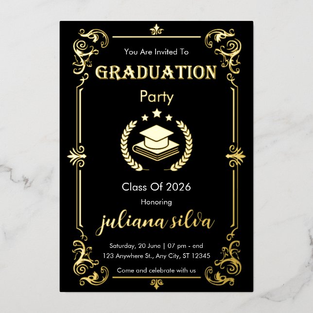 Elegant Black & Gold Foil Graduation Invitation Foil Invitation (Front)