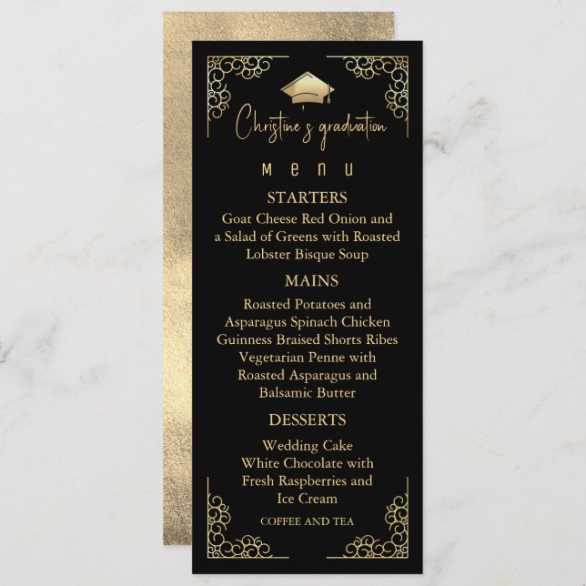 Elegant Black Gold foil Graduation Menu (Front/Back)