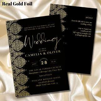 Elegant Black Gold Foil Lace Ornate Wedding Invitation
