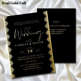 Elegant Black Gold Foil Lace Vintage Wedding Invitation