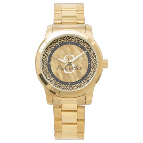Elegant Black Gold Foil Leopard Name Monogram Watch
