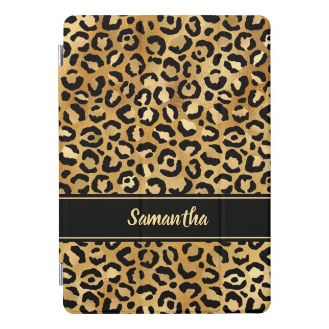 Elegant Black Gold Foil Leopard Print Personalized iPad Pro Cover (Front)