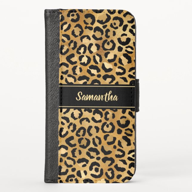 Elegant Black Gold Foil Leopard Print Personalized iPhone Wallet Case (Front)