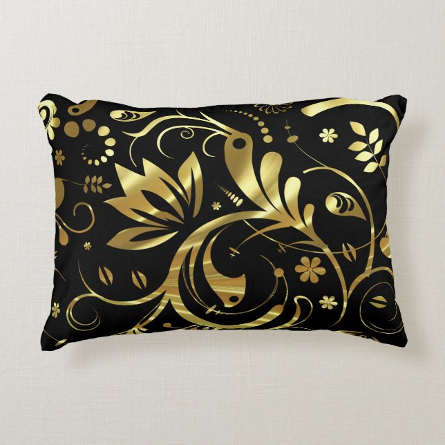 Elegant Black & Gold Foil Look Floral Damasks Accent Pillow (Front)