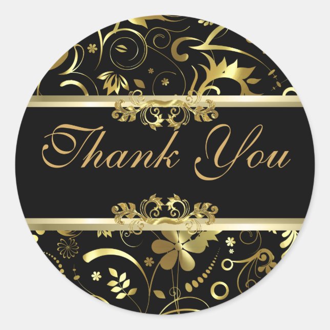 Elegant Black & Gold Foil Look Floral Damasks Classic Round Sticker (Front)