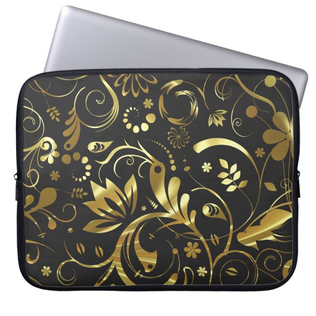 Elegant Black & Gold Foil Look Floral Damasks Laptop Sleeve (Front)