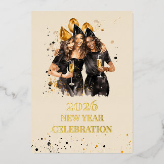 Elegant Black & Gold Foil New Year Invitation