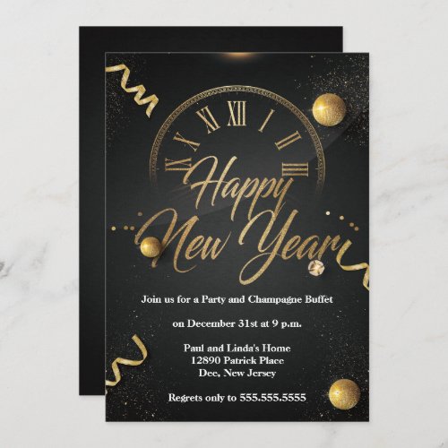 Elegant Black  Gold Foil New Years Eve Party Invitation