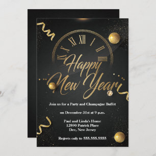 Elegant Black & Gold Foil New Years Eve Party Invitation