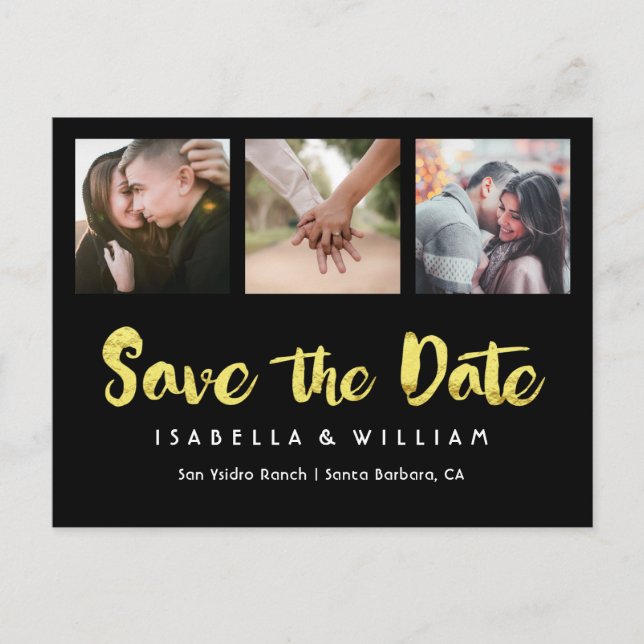 Elegant Black Gold Foil Photo Save the Date Announcement Postcard (Front)