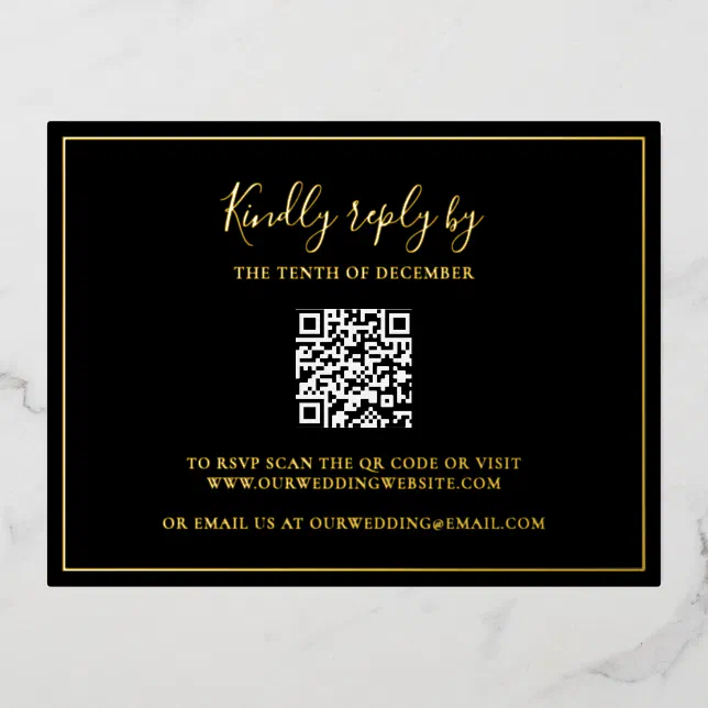 Elegant Black Gold Foil QR Code Wedding RSVP Card Zazzle