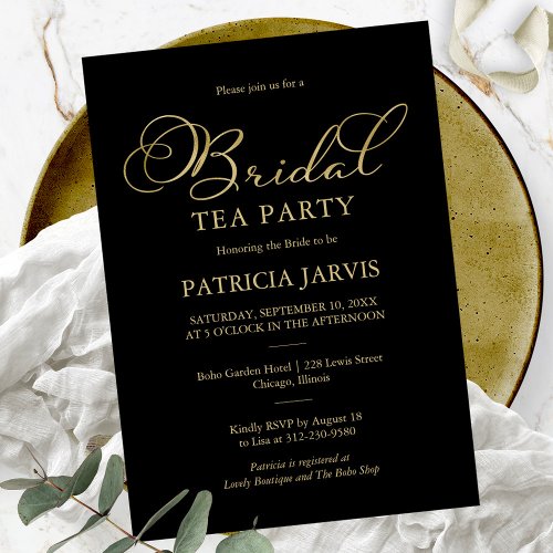 Elegant Black Gold Foil Script Bridal Tea Party Invitation