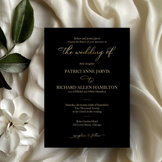 Elegant Black Gold Foil Script Classic Wedding Invitation (Creator Uploaded)