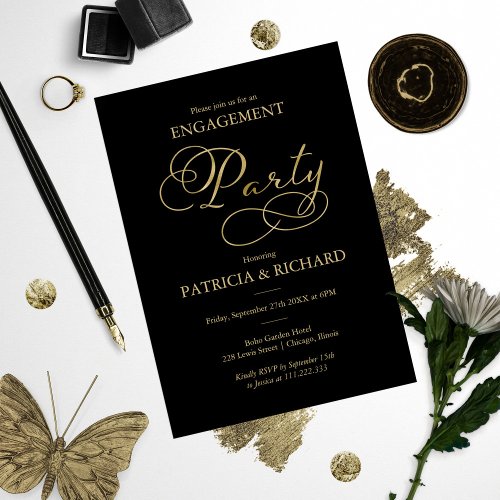 Elegant Black Gold Foil Script Engagement Party Invitation