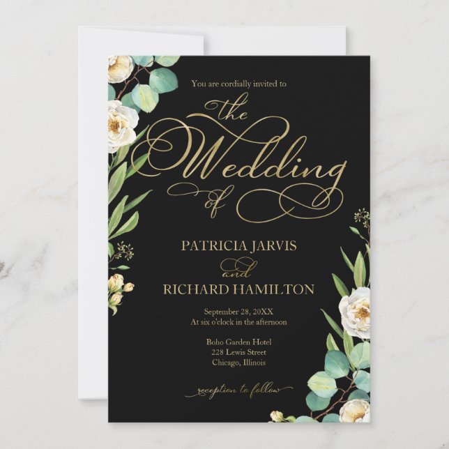 Elegant Black Gold Foil Script Greenery Wedding Invitation (Front)