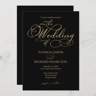 Elegant Black Gold Foil Script Wedding Invitation