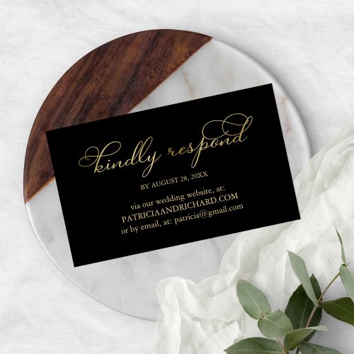 Elegant Black Gold Foil Script Wedding Online RSVP Business Card
